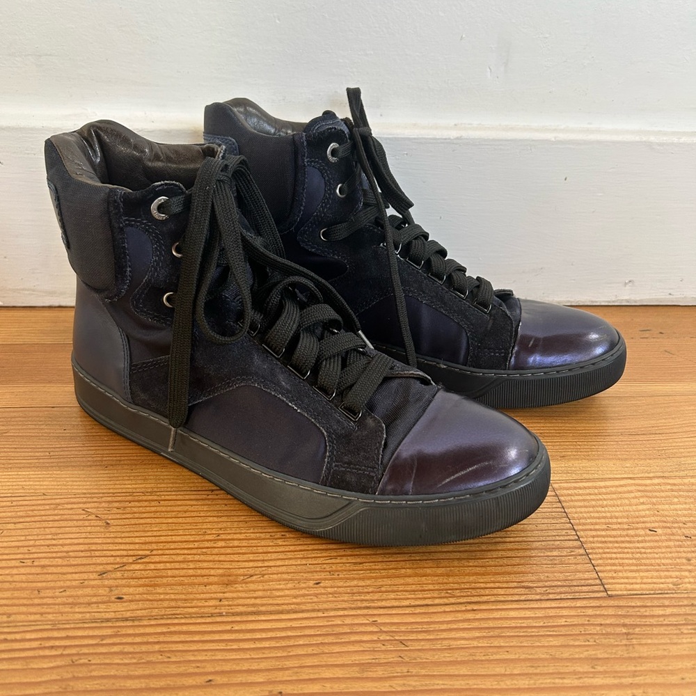 Lanvin Shoes High Top Sneakers Cap Toe Mixed Media Navy Leather & Black US Sz 7